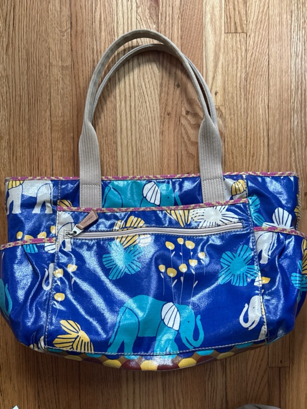 Fossil Blue Elephant Floral Print Tote with Beige Straps